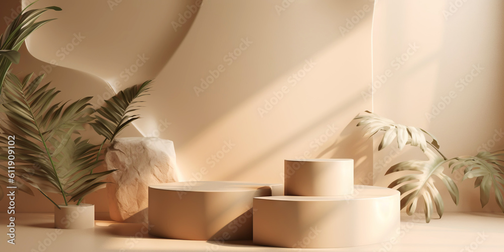 Beige podium for product display presentation. Sandstone and sandy colored plants. Generative AI