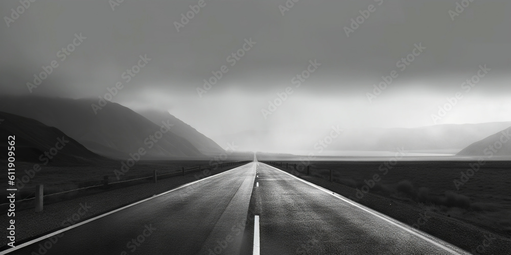 Minimalistic misty empty highway. Foggy road. Mystery travel concept. Generative AI