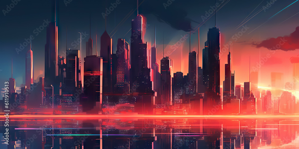 Panoramic cityscape in cyberpunk futuristic style. Towering skyscrapers in neon retrowave colors. Ge