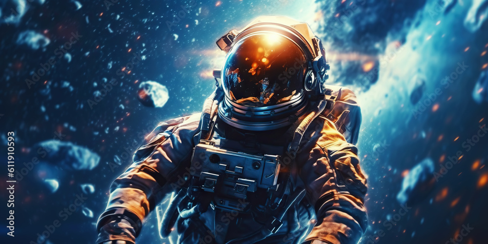 Portrait of astronaut floating in space with a asteroids, space rocks, burning sparks on backdrop. G