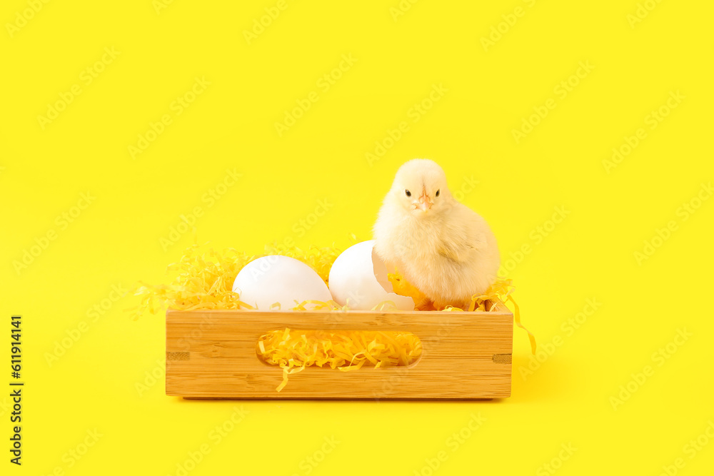 Wooden box with cute little chick and eggs on yellow background