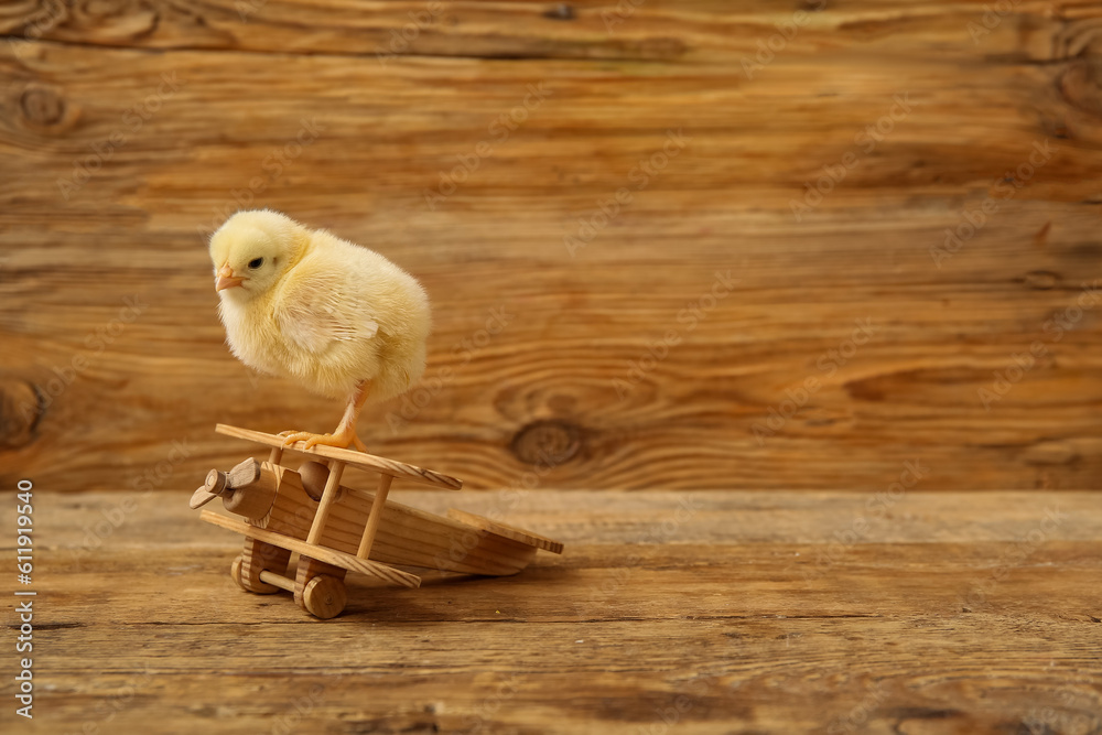 Airplane figure with cute little chick on wooden background