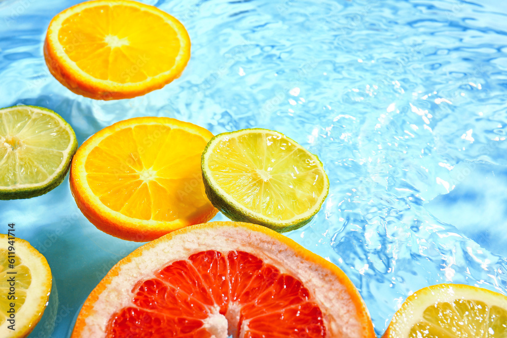 Different citrus fruit slices in water on blue background