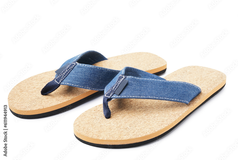 Pair of stylish flip-flops on white background