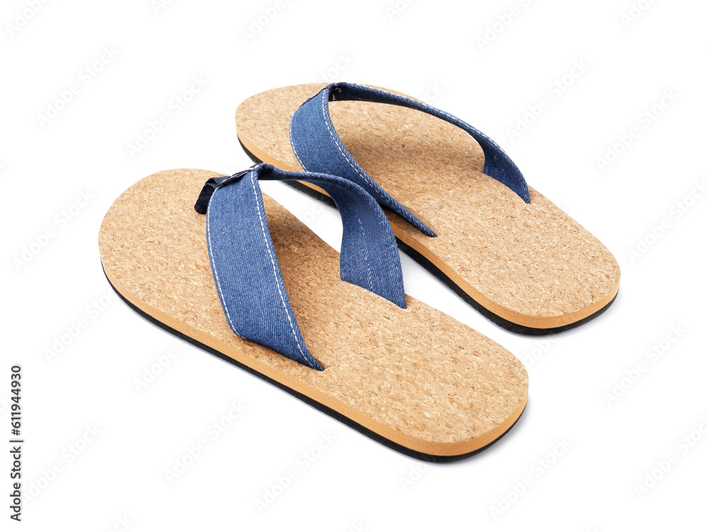 Pair of stylish flip-flops on white background