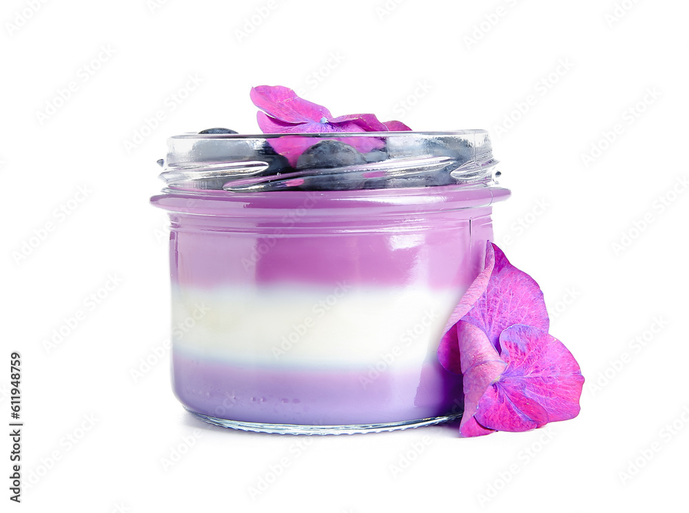 Glass jar of panna cotta with blueberry and beautiful hydrangea flowers on white background