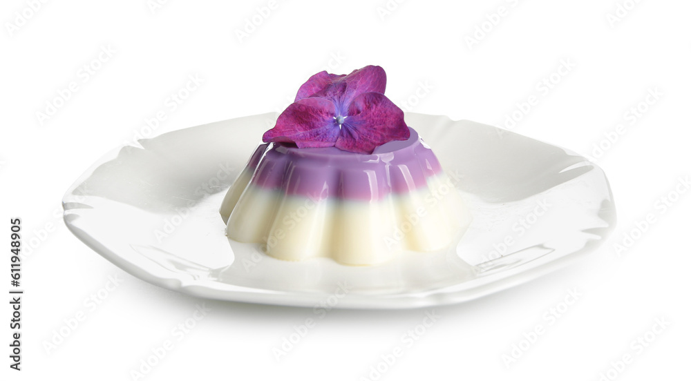 Plate of panna cotta with beautiful hydrangea flower on white background