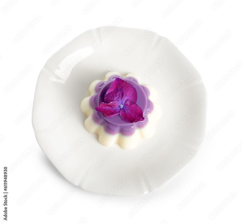 Plate of panna cotta with beautiful hydrangea flower on white background