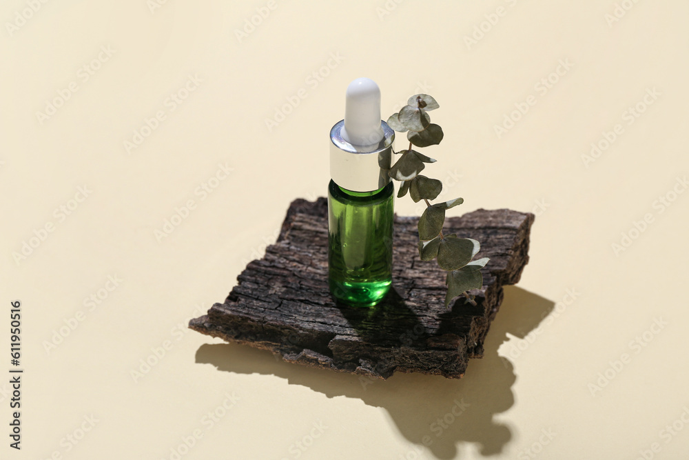 Bottle of essential oil, tree bark and eucalyptus branch on color background