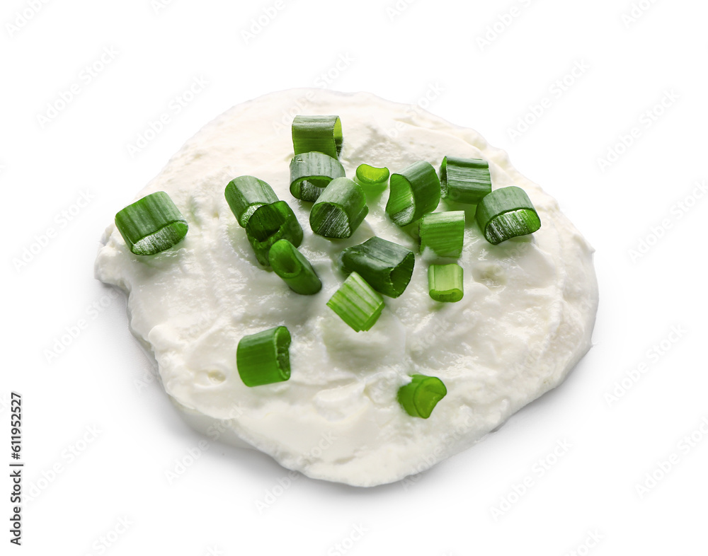 Tasty sour cream with sliced green onion on white background