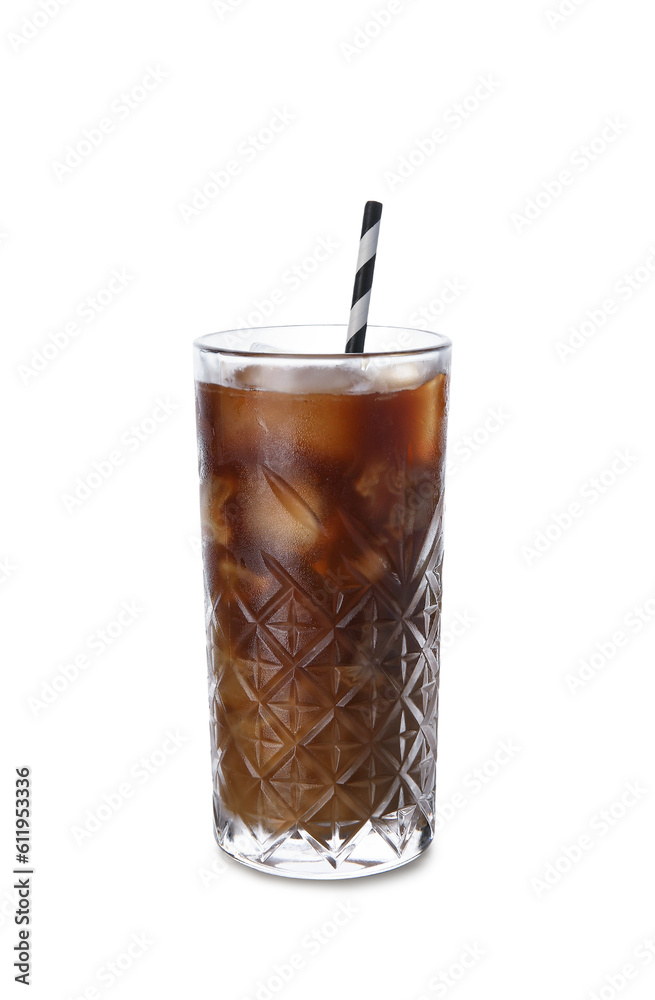 Glass of ice coffee with straw on white background