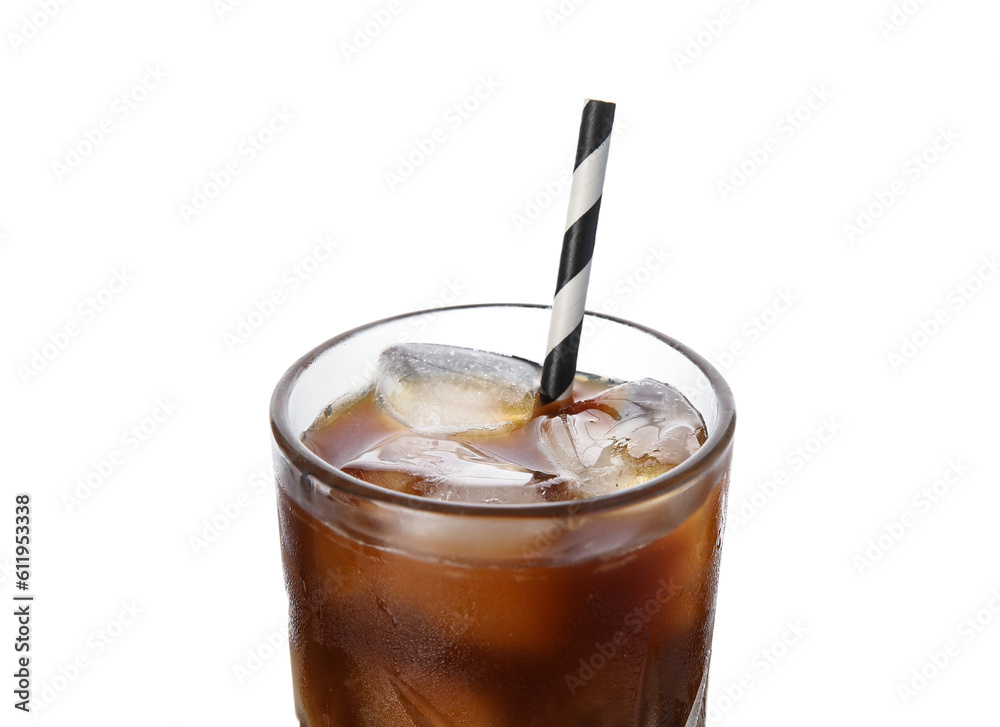 Glass of ice coffee with straw on white background