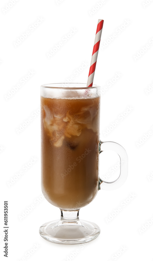 Glass of ice coffee with straw on white background