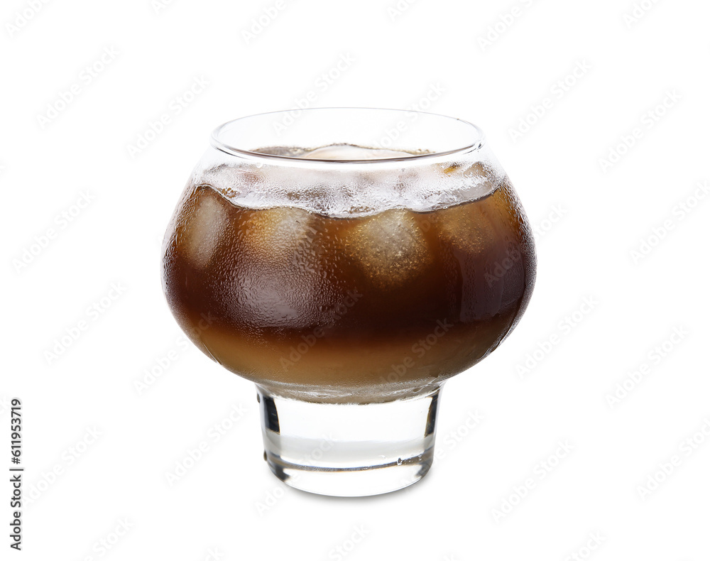 Glass of ice coffee on white background