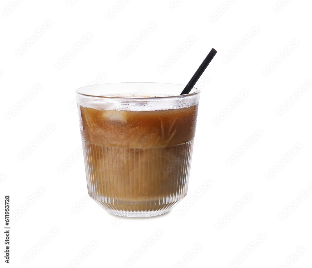 Glass of ice coffee with straw on white background