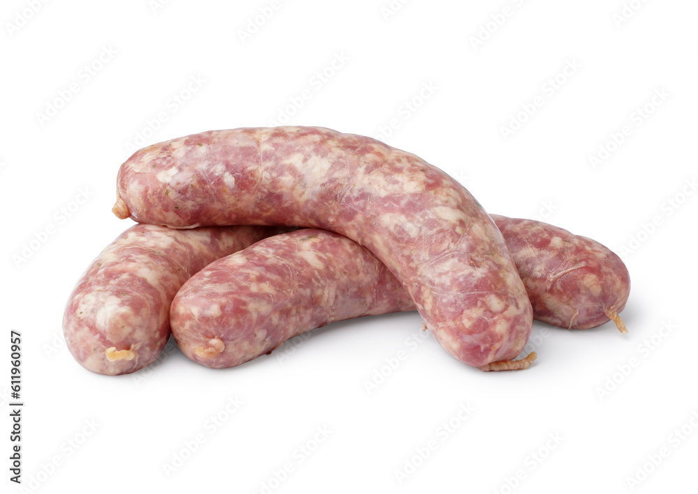 Raw fresh sausages on white background