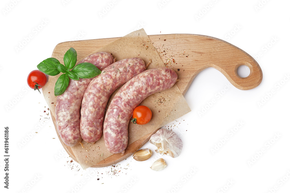 Board with raw fresh sausages, tomatoes and spices on white background