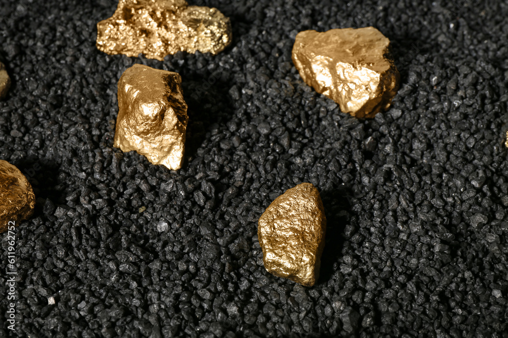 Golden nuggets on black coal, closeup