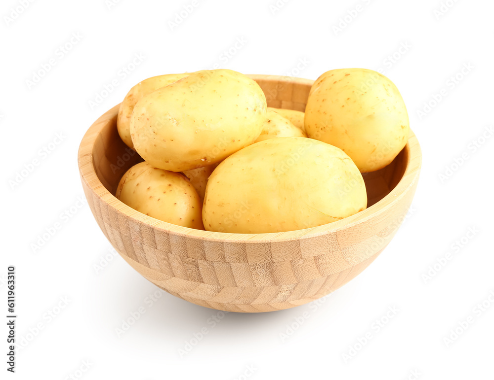 Wooden bowl with raw baby potatoes on white background