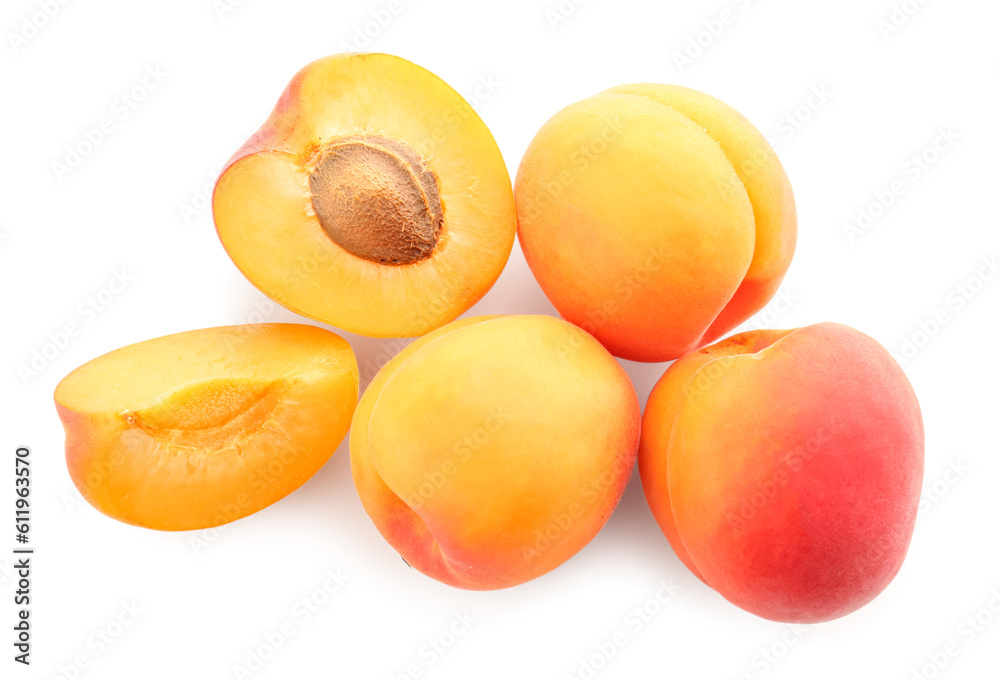 Ripe apricots isolated on white background