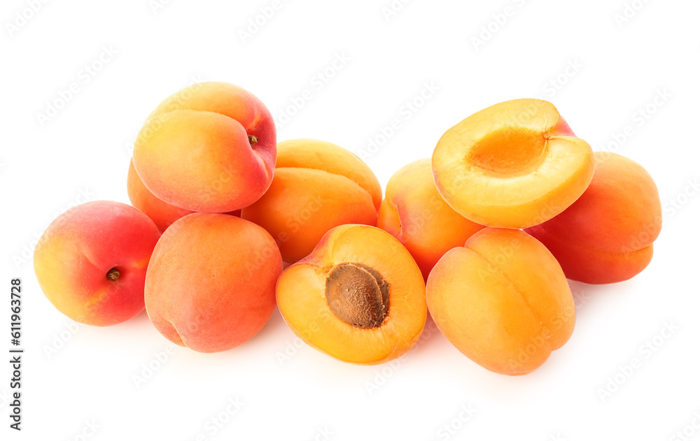 Heap of ripe apricots isolated on white background