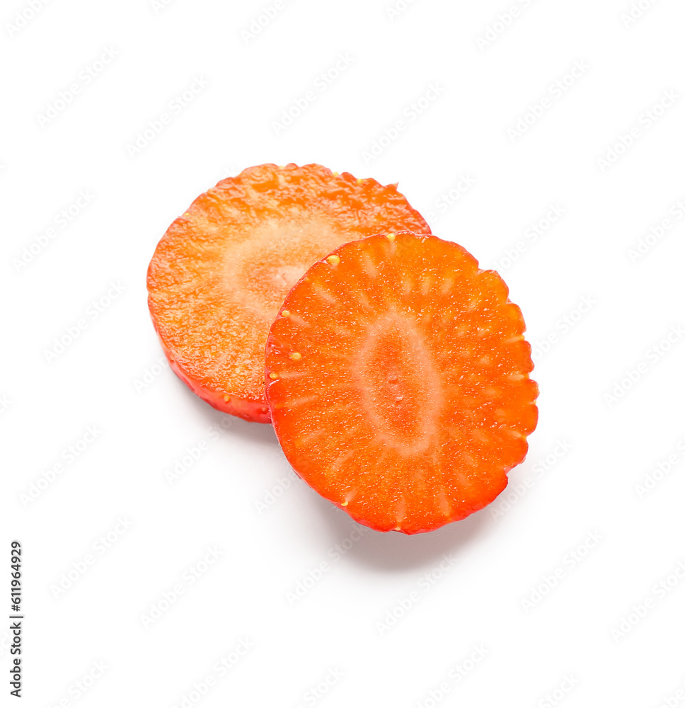 Slices of fresh strawberry on white background