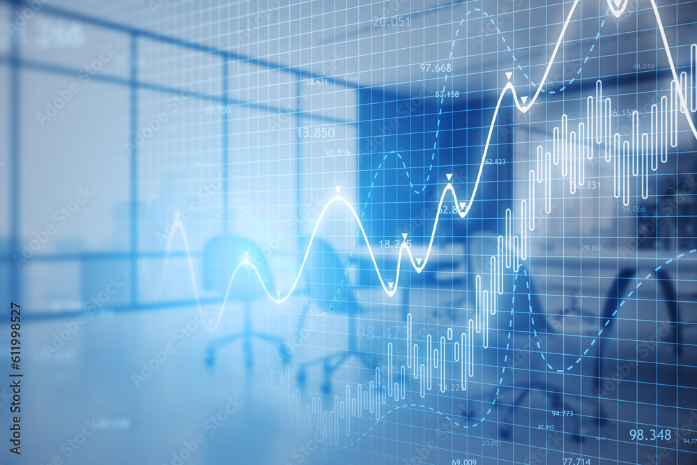 Creative glowing candlestick forex chart on blue blurry office interior background. Double exposure.