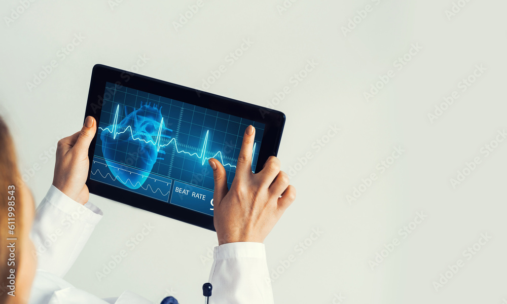 Close of female doctor hands working with tablet pc computer