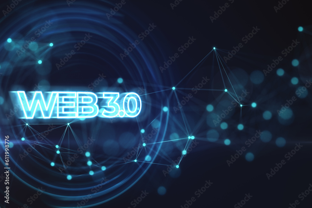 Futuristic technology and innovation background with web 3 glowing sign on dark blue background. 3D 