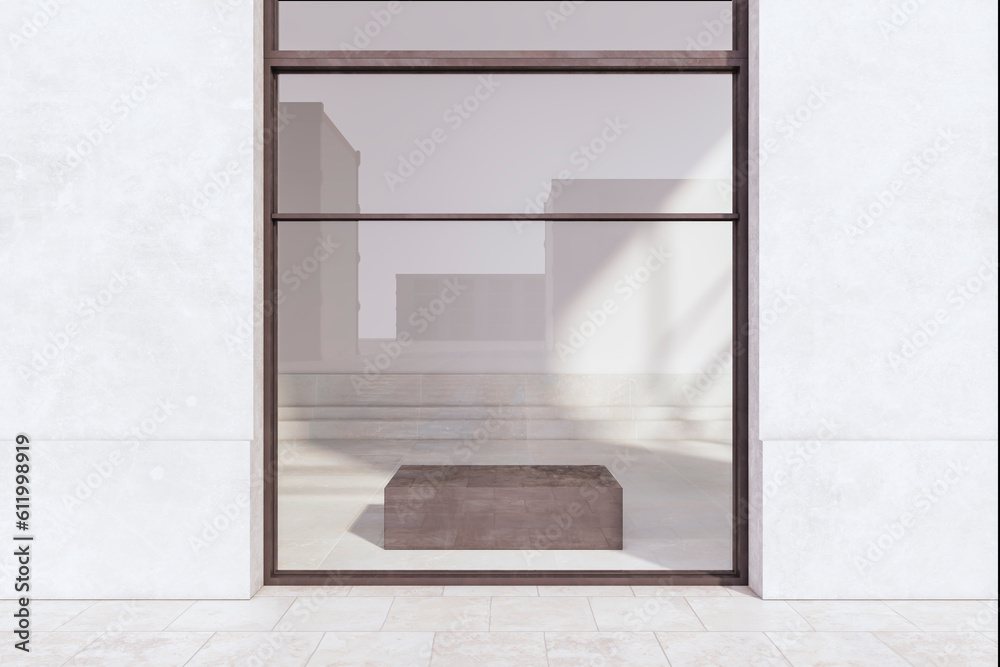 Clean glass showcase in concrete building exterior. Shop and retail concept. 3D Rendering.