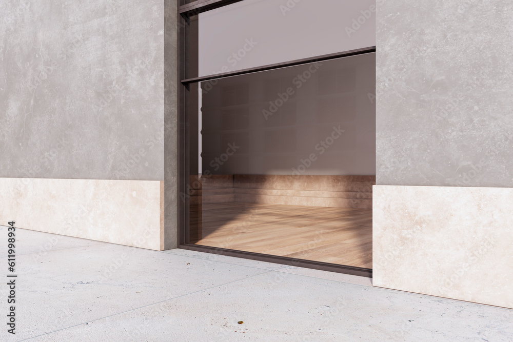 Modern glass showcase with reflections in concrete building exterior. Shop and retail concept. 3D Re