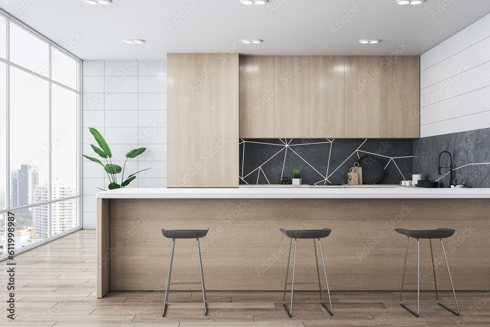 Front view of modern kitchen interior design with panoramic window with city view background and woo