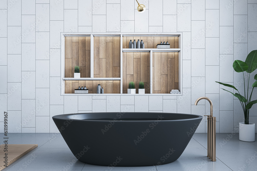 Contemporary light tile luxury bathroom interior with bath tub, shelves and decorative items. 3D Ren