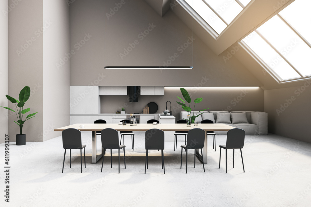 Modern loft kitchen interior with window and daylight, concrete flooring, furniture and dining table