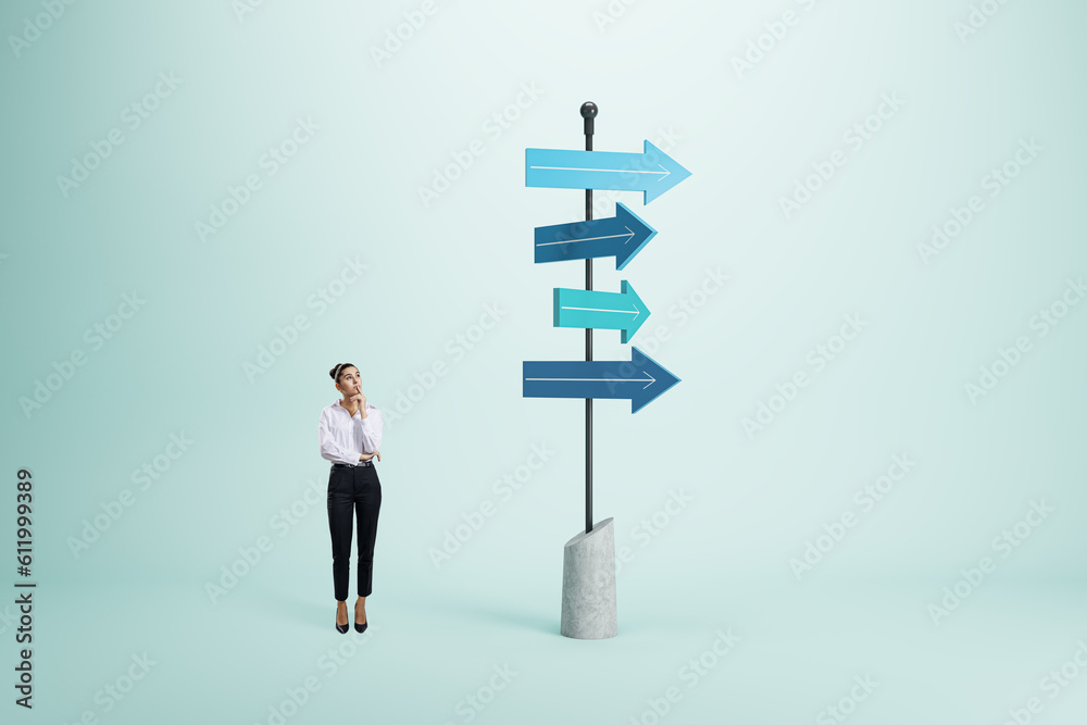 Right decision and choice concept with pensive businesswoman looking at signpost with blue arrows in