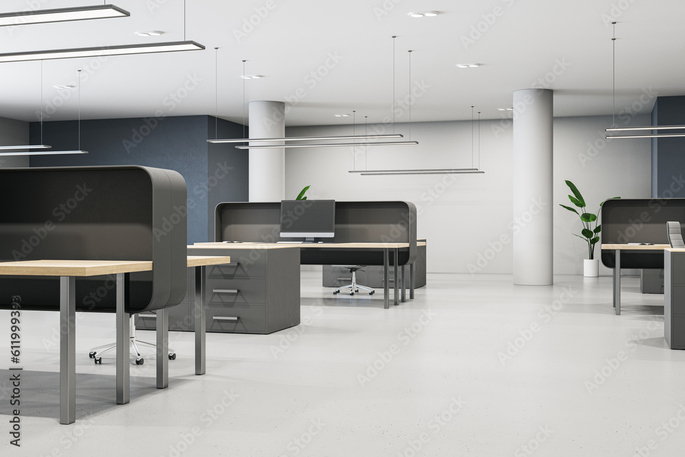 Modern coworking office interior with furniture, empty computer monitors and concrete flooring. 3D R