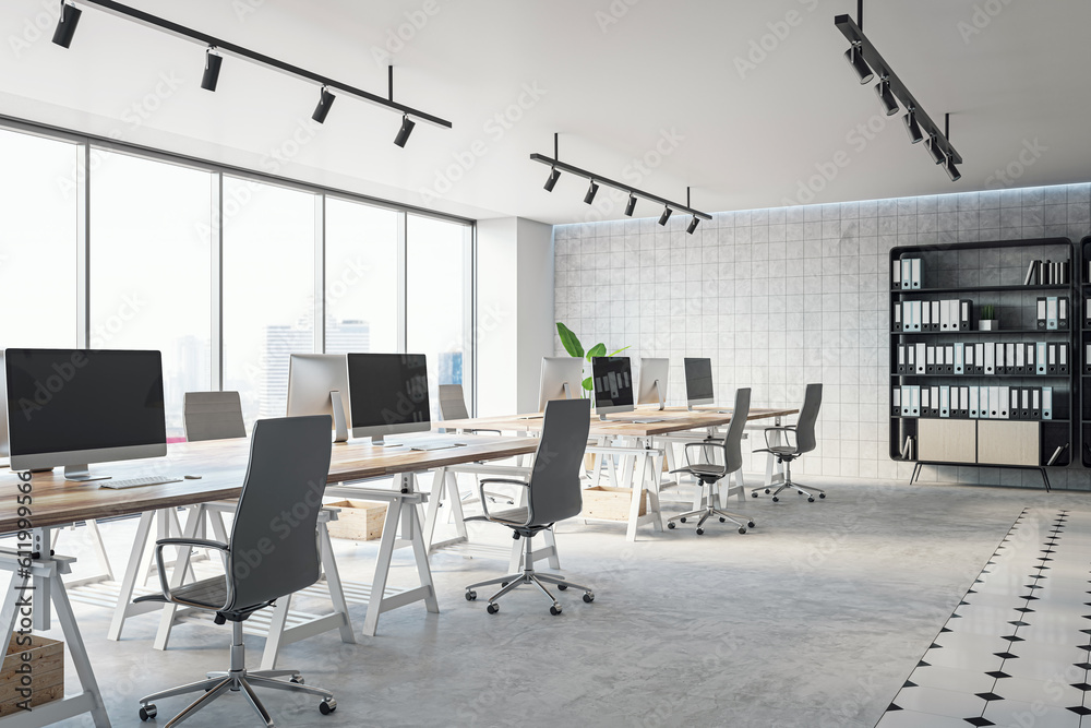 Modern light open space office interior design. 3D rendering