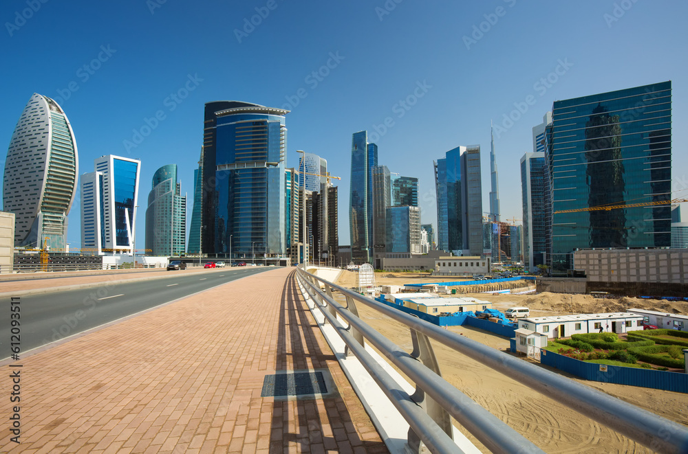 View on Dubai Marina skyscrapers and nature near by Golf club in Dubai,United Arab Emirates