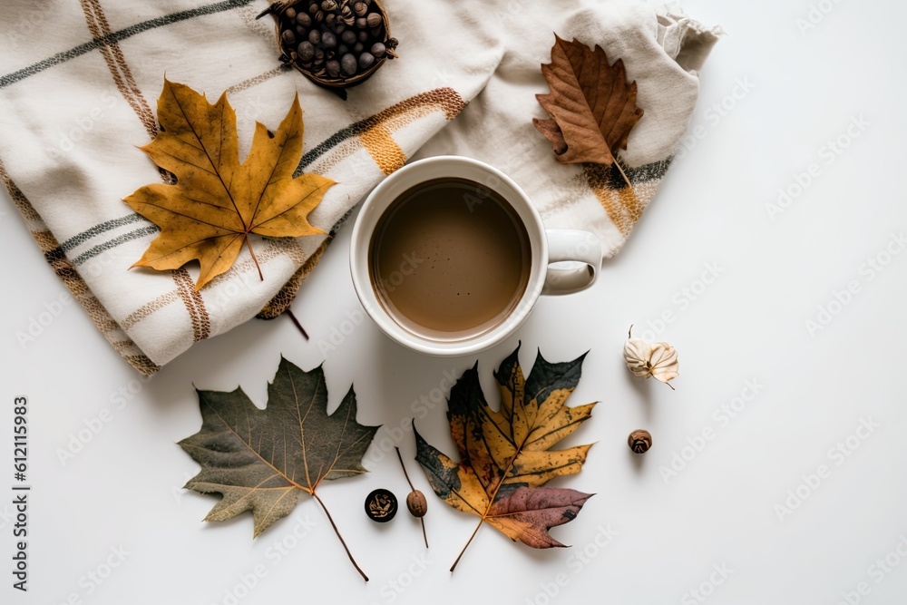 cup of coffee surrounded by colorful autumn leaves on a wooden table. Generative AI