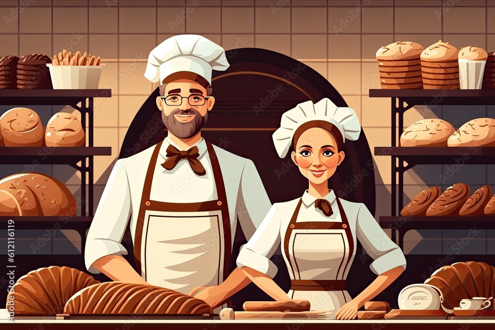 couple standing in front of a bakery with freshly baked bread. Generative AI