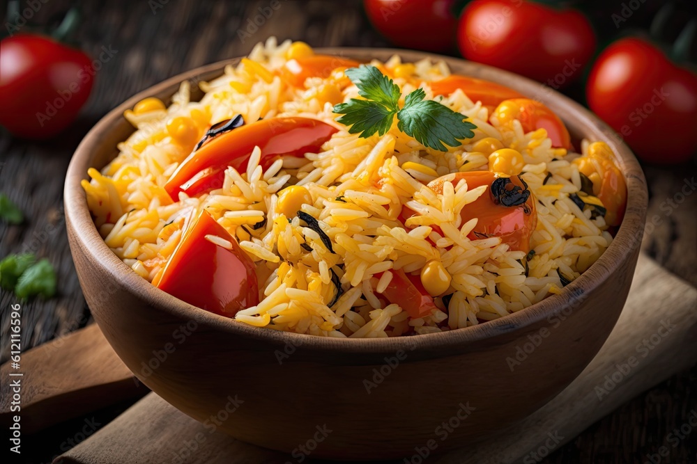 healthy and colorful rice bowl with fresh tomatoes and parsley. Generative AI