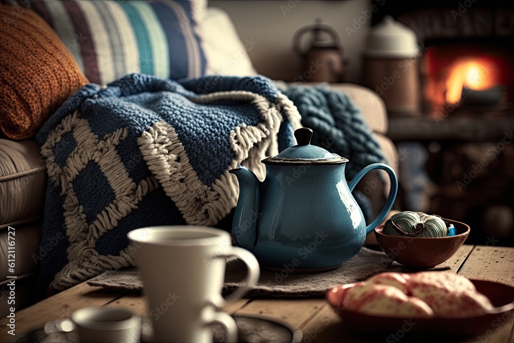 blue teapot on a wooden table. Generative AI