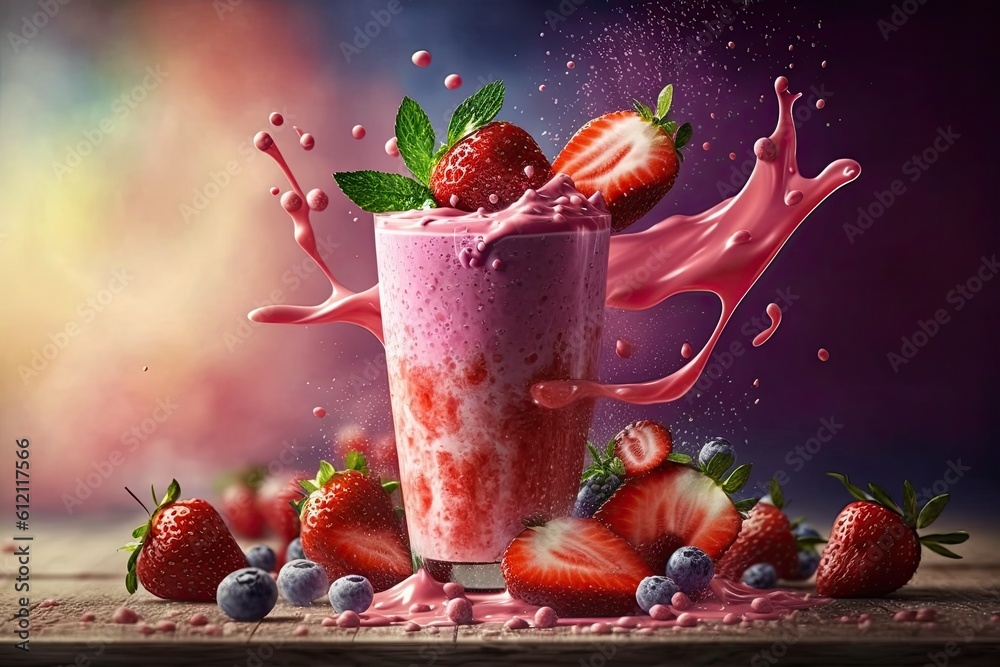 Strawberry Milk Smoothie with Splashing Effects. Generative AI