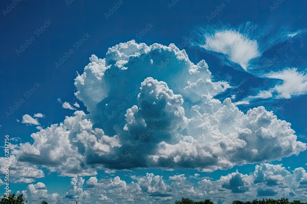 clear blue sky with fluffy white clouds on a sunny day. Generative AI