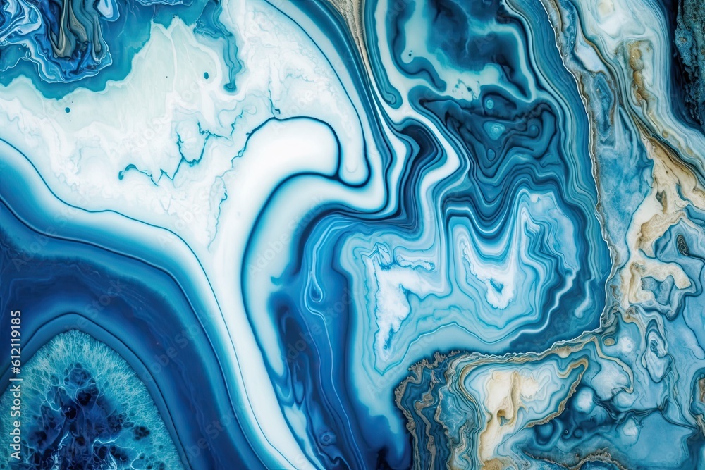 close-up view of a blue and white marble pattern. Generative AI