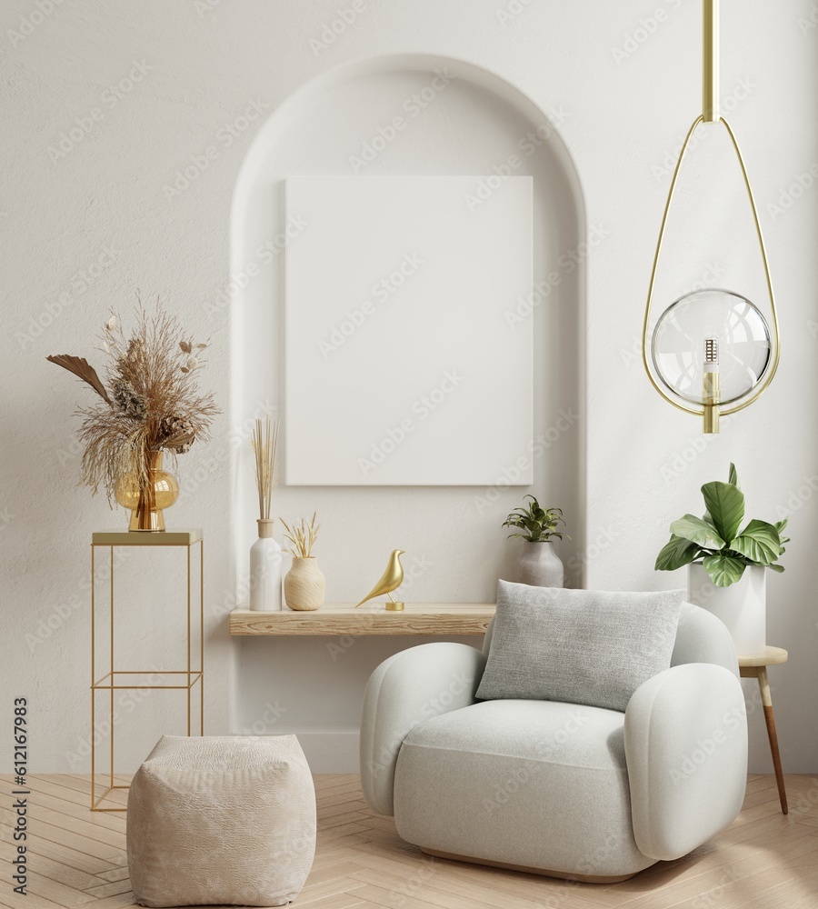 Poster mockup with vertical frame on empty white wall in living room interior with blue velvet armch