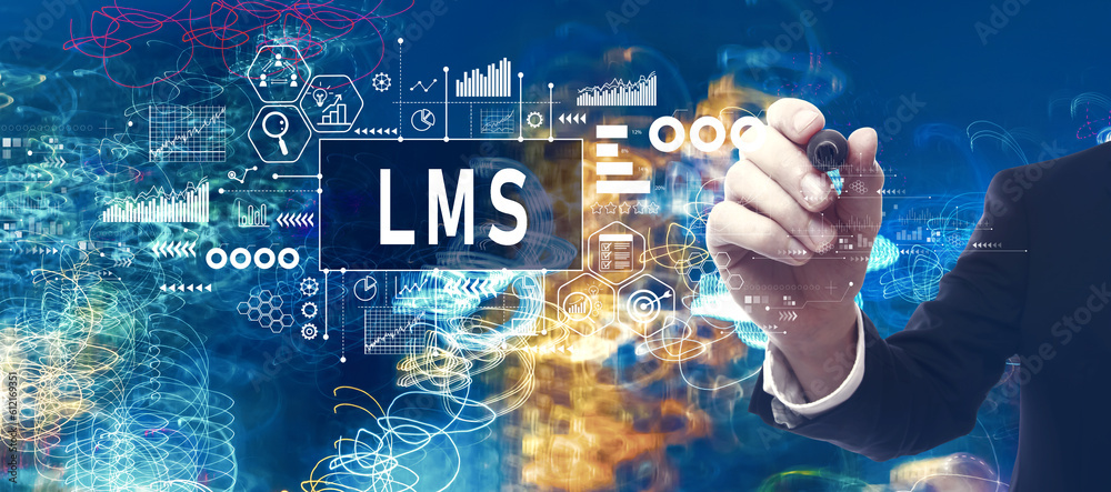 LMS - Learning Management System with businessman in a bokeh neon light trails city night background