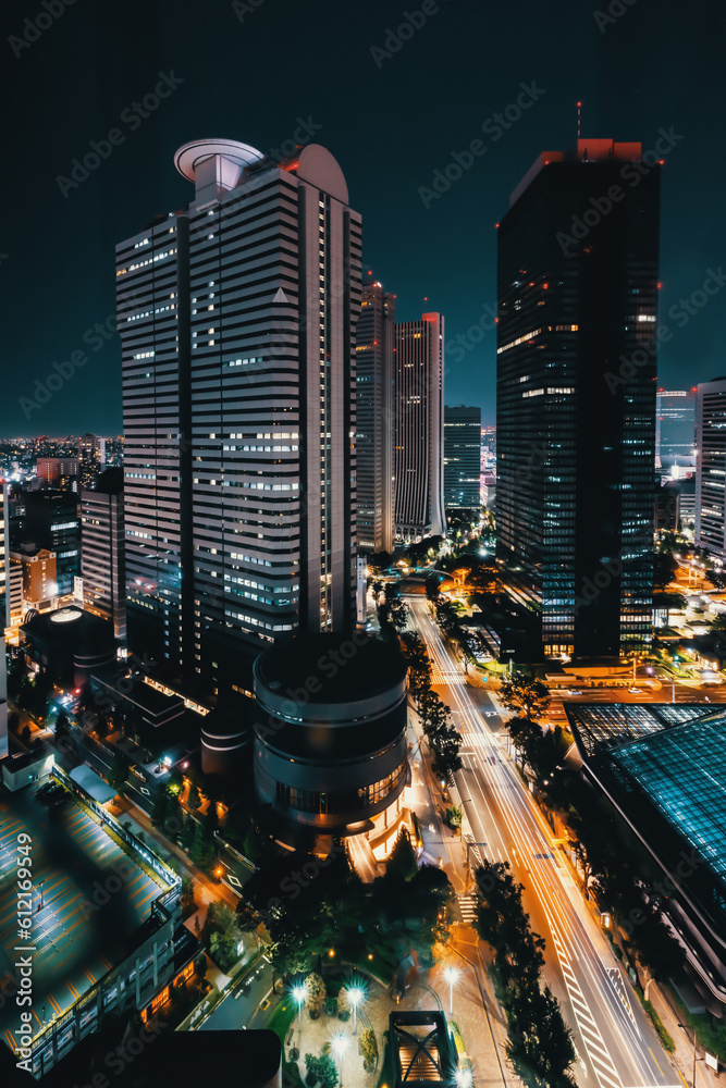 Skyscrapers towering above the cityscape of Nishi-Shinjuku, Tokyo, Japan at night