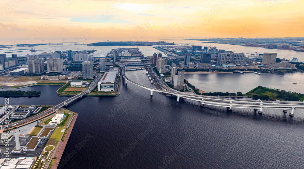 Aerial view of the Rainbow Bridge in Odaiba, Tokyo, Japan