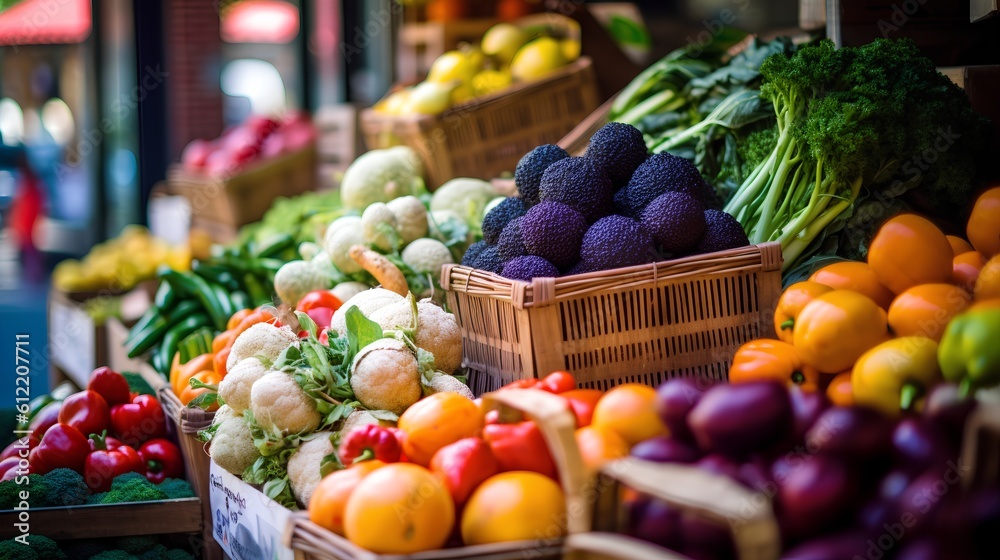 Farmers market, featuring a shopping basket filled with a vibrant assortment of organic, locally sou